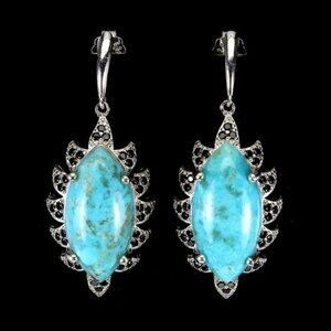 Natural Turquoise 12x10mm & Black Spinel  925‎ Sterling Silver Earrings